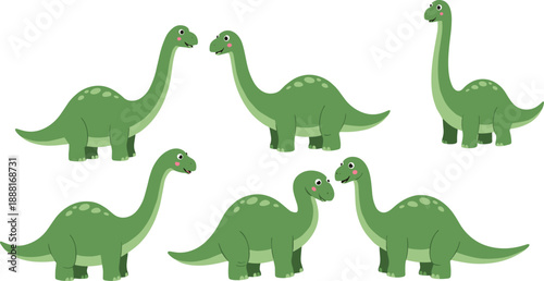 Cute Long Neck Dinosaur Cartoon Illustration Set Featuring Friendly Green Sauropod Characters in Different Poses for Kids Education and Vector Design