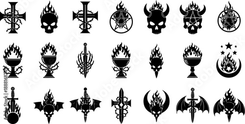 Occult Fire Symbols Silhouette Set – Mystical Eyes, Ritual Icons & Esoteric Elements