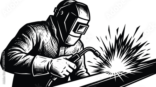 Black and white illustration of welder in protective gear actively welding metal for industrial, safety, and fabrication visuals