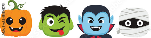 Halloween cartoon faces, spooky character icons, cute monster clipart, pumpkin vampire mummy vector, festive design, kids Halloween illustration, playful scary graphics
