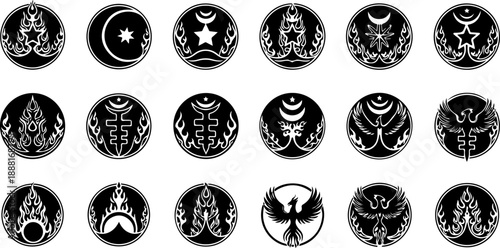 Occult Fire Symbols Silhouette Set – Mystical Eyes, Ritual Icons & Esoteric Elements