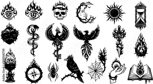 Occult Fire Symbols Silhouette Set – Mystical Eyes, Ritual Icons & Esoteric Elements