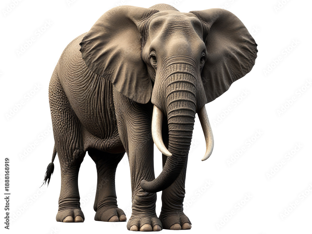 Obraz premium An elephant with long tusks standing in front of a plain white background