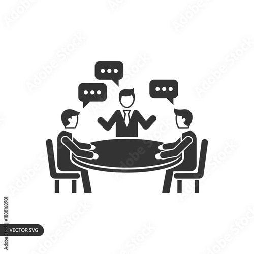 Business Meeting Discussion Icon: Three People Communicating Around a Round Table, Vector Graphic.