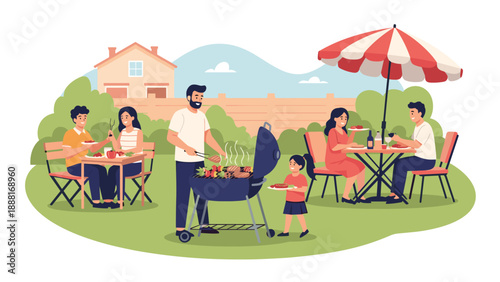 Happy people enjoying a backyard barbecue party with grilled food, garden tables, and a large sun umbrella.