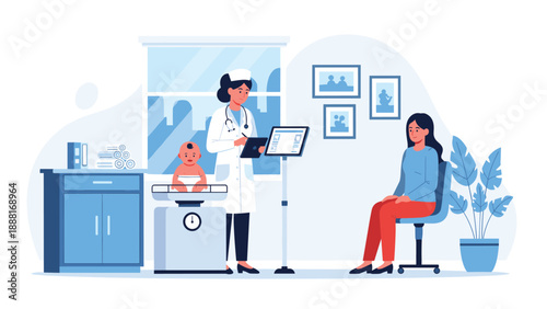 Mother taking her baby to a pediatrician office for a health checkup with a nurse recording data on a tablet.