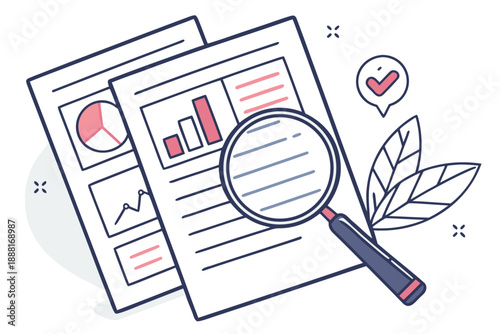 Modern magnifying glass over scientific documents, clean white background, soft lighting, professional website hero image, high resolution, minimal style