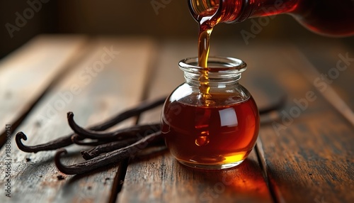 Liquid extract pours into small glass jar with vanilla pods nearby. Amber liquid fills tiny container on wooden table. Preparation of aromatic flavoring or essential oil.