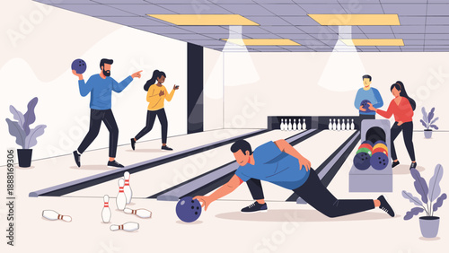 Group of friends having fun and playing bowling at a modern bowling alley with multiple lanes and professional equipment.