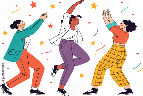 Three women dancing joyfully with colorful clothes and stars background