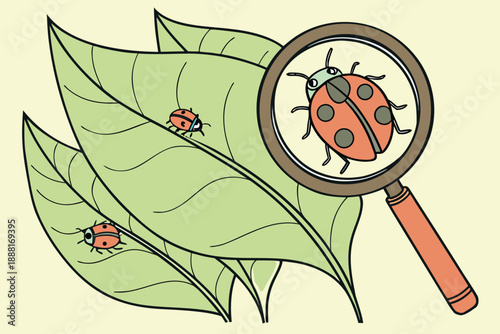 Magnifying glass focusing on tiny insects on a leaf, nature science concept, shallow depth of field, web header image