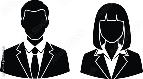 Black Silhouettes of a Man and Woman in Business Attire on White Background Keywords: silhouette, business, man, woman, male