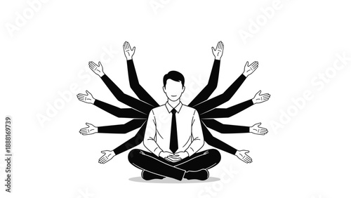 Businessman in a lotus meditation pose with multiple arms symbolizing productivity, multitasking, and inner zen.