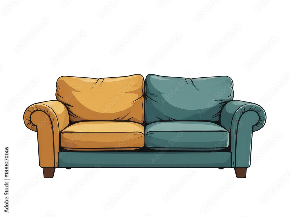 Fototapeta premium A modern sofa with bright cushions against a clean white backdrop, ideal for interior design or lifestyle photography
