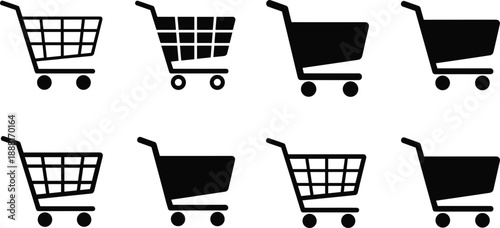 Collection of Eight Black Shopping Cart Icons on a White Background trolley supermarket