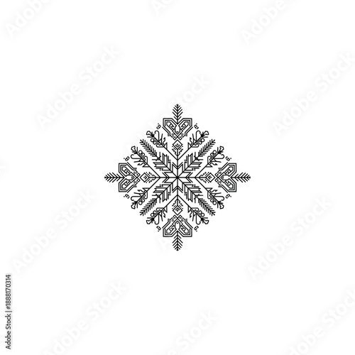 Intricate black and white snowflake design on plain background illustration