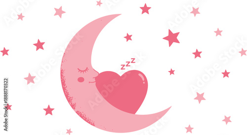 Sleeping moon kissing pink heart surrounded by stars on transparent background romance and love symbol gentle night