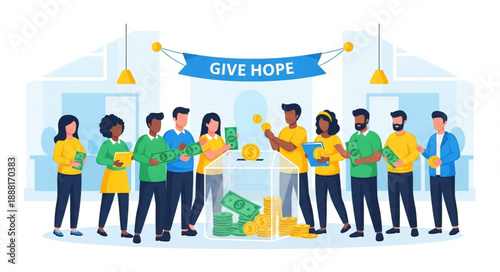 Diverse group of people holding donation boxes and money for charity.