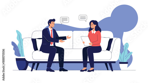 Man and a woman having a professional business discussion or job interview while sitting on a sofa in a lobby.