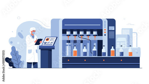Scientist wearing a mask and protective lab coat monitoring an automated medicine production line in a laboratory.