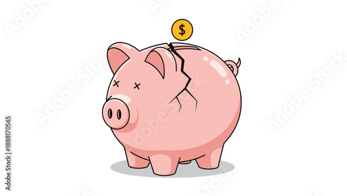 Broken pink piggy bank with a crack and cross eyes symbolizing a serious financial loss, debt, or an economic crisis.