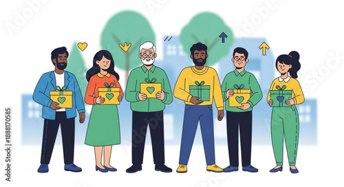 Diverse Group of People Holding Gift Boxes Together.