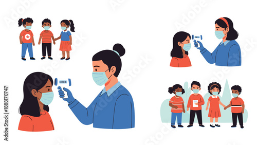 School staff members wearing masks while checking the temperature of young students to ensure a safe environment in the classroom.