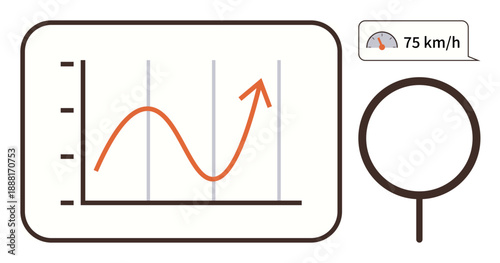 Data analysis, growth monitoring, performance tracking, progress measurement, speed analysis, business insights. Line graph with upward trend and speed gauge at 75 kmh. Growth monitoring and speed