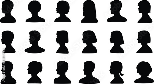 Diverse collection of black silhouette profile heads of men and women face person