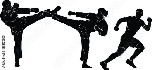 Silhouette Illustration of Martial Artists Kicking and Runner in Motion, Ideal for Fitness, Discipline, and Sports Vector Themes