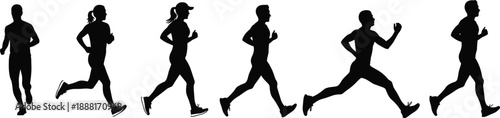 Silhouette Illustration of Six Runners in Varied Motion Poses, Ideal for Sports, Fitness, and Biomechanics Vector Design