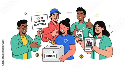 Diverse group of people donating to charity and showing support.