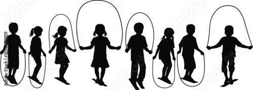 Silhouette of Eight Children Jumping Rope in Energetic Outdoor Playful Motion, Perfect for Childhood Activity Concepts