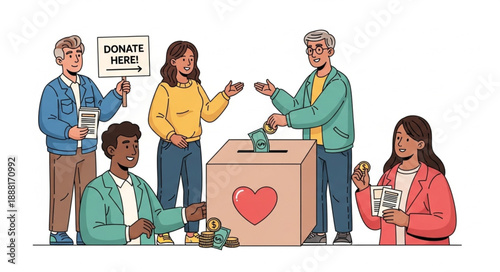 Diverse group of people donating to charity box.