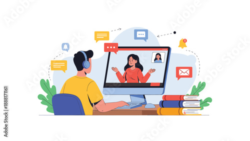 Student wearing headphones while participating in a video call on a desktop computer for online learning and remote communication.