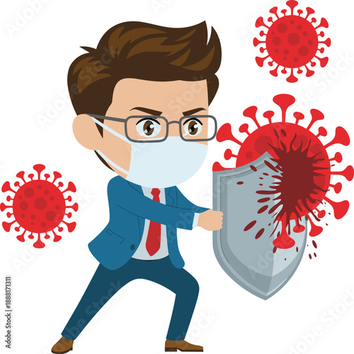 Cartoon man in blue suit and face mask bravely holding shield against red coronavirus particles in