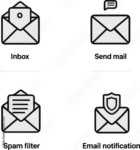  inbox, send mail, spam filter, email notification, clean black and white line art, vector style, consistent stroke width, minimal design 3