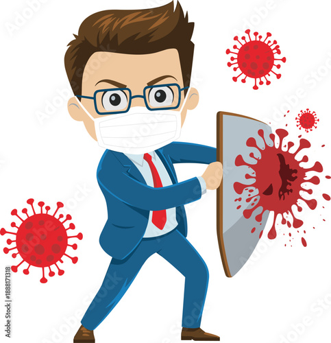 Cartoon man in blue suit and face mask bravely holding shield against red coronavirus particles in