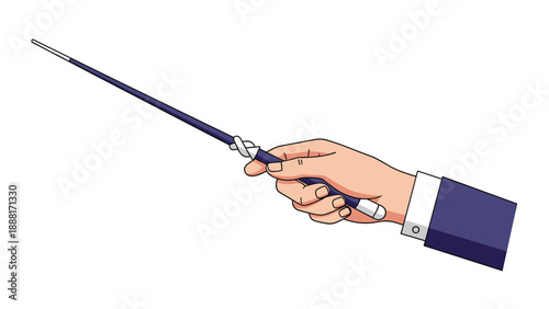 Hand of a person wearing a suit holding a long blue conductor's baton or magic wand against a plain white background for effect.