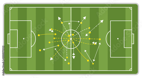 Football Soccer Tactical Strategy Diagram with Player Movements and Ball Passes on Green Field, Isolated White Background
