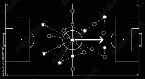 Soccer football tactical formation with central player movement and passing strategy on a black pitch.