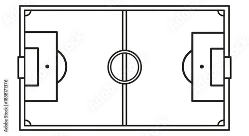 Blank outline of a full-size soccer football field with goalposts on an isolated white background.