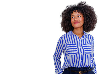 Confident african american woman with afro hairstyle smiling, looking away, with professional casual style on transparent background