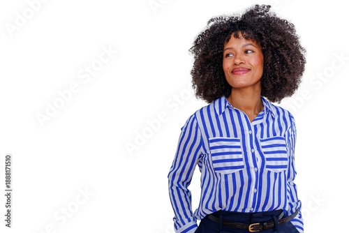 Cuadro en lienzo Confident african american woman with afro hairstyle smiling, looking away, with