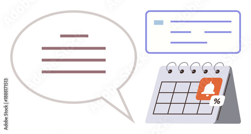 Communication tools, task management, organization, reminders, scheduling assistance, planning. A speech bubble, calendar and text box. Communication and task management concepts