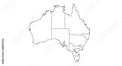Australia Map Outline with States and Territories, isolated white background.