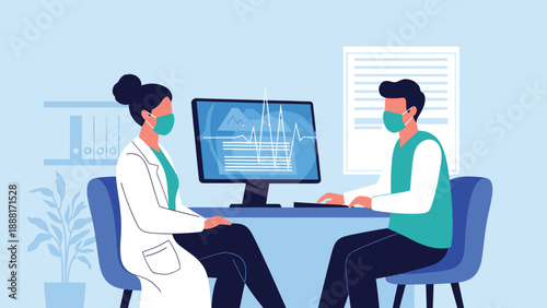 Doctor and male patient discussing medical results while looking at a computer monitor displaying a heart rate graph in a clinic.