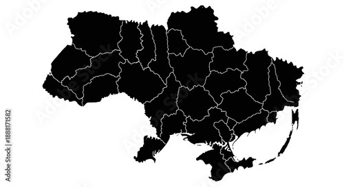 Ukraine Map Silhouette with Administrative Divisions, isolated white background.
