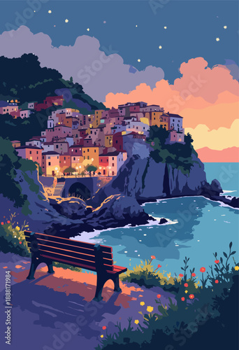 Cinque Terre Manarola dusk colorful village lit up warm yellow lights romantic bench overlooking sea foreground Flat