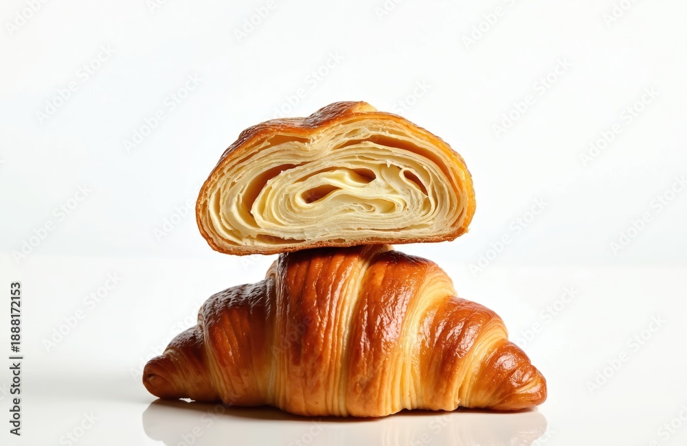 Fototapeta premium Golden brown croissant cut in half showing flaky layers inside. A second whole croissant sits beneath on white surface. Perfect French pastry detail.